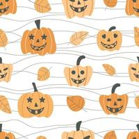 padrão de halloween com folhas e cabeças de abóbora vetor