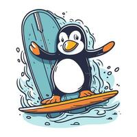 fofa pinguim com prancha de surfe. vetor ilustração dentro desenho animado estilo.