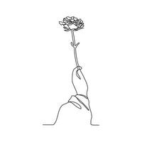 1 contínuo linha desenhando do uma mão é segurando uma lindo flor. uma rosa dentro simples linear estilo vetor ilustração. Projeto com minimalista Preto linear Projeto isolado concpet plantar vetor.