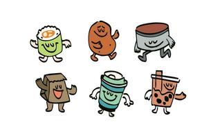 desenho animado Comida personagens, Sushi, maçãs, café, batatas e sardinha dentro vintage formas estão funky e fofa vetor