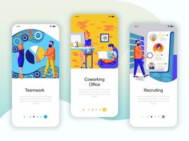 Conjunto de kit de interface de usuário de telas onboarding para trabalho em equipe, Coworking Office, vetor