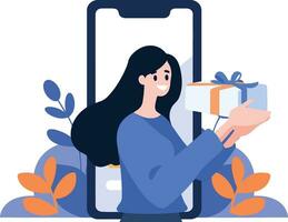 mão desenhado fêmea personagem segurando uma presente com Smartphone dentro conectados compras conceito dentro plano estilo vetor