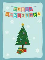 Natal cumprimento cartão plano vetor dentro desenho animado estilo. fofa Natal árvore com enfeite e presente caixas e galhardete bandeira em Nevado fundo. alegre Natal conceito