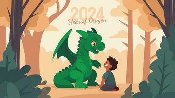 2024 chinês Novo ano verde Dragão vetor ilustração apresentando uma verde Dragão e pessoas acionado dentro vários Atividades perfeito para cumprimento cartões, cartazes, faixas e mais.