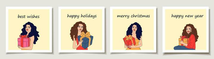Natal vetor presente cartão ou tag conjunto Natal meninas com presente caixa,. alegre Natal letras, melhor desejos.