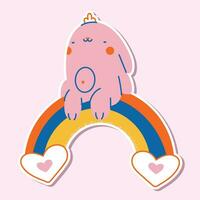 fofa kawaii Rosa Coelho animal adesivo sentado em uma arco-íris.kid gráfico.vetor ilustração. vetor