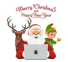 desenho animado Natal santa com computador portátil, veado e duende vetor