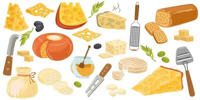 queijo definir. laticínios produtos. queijo cheddar ,mussarela, maasdam, brie, roquefort, gouda, feta e parmesão. triângulos e fatias do delicioso queijos, e ralador. vetor ilustração isolado