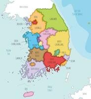 vetor ilustrado mapa do sul Coréia com províncias, metropolitano cidades e administrativo divisões, e vizinho países. editável e claramente etiquetado camadas.