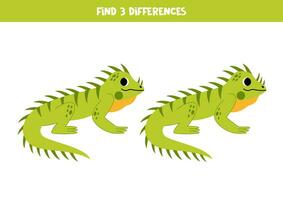 encontrar 3 diferenças entre dois fofa desenho animado iguanas. vetor