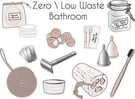 Ilustrações de ferramentas de banheiro com desperdício zero e ecológicas, naturais e reutilizáveis vetor