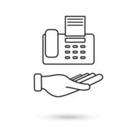 mão segure o ícone da linha do dispositivo de fax, sinal de conceito vetor