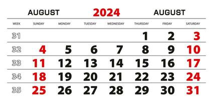 parede calendário 2024 para agosto, semana começar a partir de Domingo. vetor