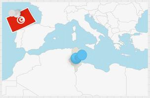 mapa do Tunísia com uma fixado azul alfinete. fixado bandeira do Tunísia. vetor