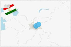 mapa do tajiquistão com uma fixado azul alfinete. fixado bandeira do tadjiquistão. vetor