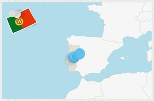 mapa do Portugal com uma fixado azul alfinete. fixado bandeira do Portugal. vetor