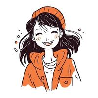 sorridente jovem mulher dentro inverno roupas. mão desenhado vetor ilustração.