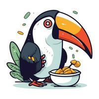 fofa desenho animado tucano com tigela do Comida. vetor ilustração.