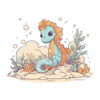 fofa desenho animado dinossauro sentado em a areia com flores vetor ilustração.