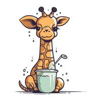 fofa girafa com pintura balde e escovar. vetor ilustração.