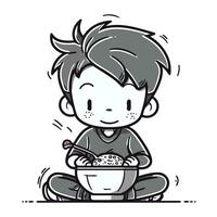 ilustração do uma criança Garoto comendo uma tigela do cereais. vetor