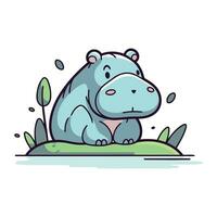 fofa hipopótamo sentado em a grama. vetor ilustração.