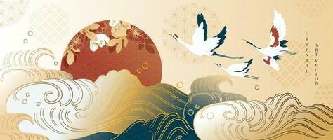 luxo ouro oriental estilo fundo vetor. chinês e japonês papel de parede padronizar Projeto do elegante guindaste pássaros e mar onda com ouro linha textura. Projeto ilustração para decoração, parede decoração. vetor