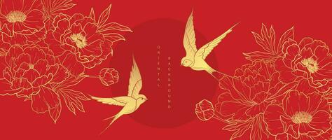 luxo oriental japonês padronizar fundo vetor. elegante andorinha pássaro e peônia flor dourado linha arte em vermelho fundo. Projeto ilustração para decoração, papel de parede, poster, bandeira, cartão. vetor