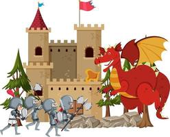 cavaleiros lutam com dragão no castelo vetor