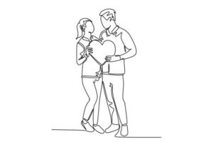 solteiro 1 linha desenhando jovem feliz casal homem e mulher segurando coração forma travesseiro, sorridente cada outro. romântico casamento amor conceito. moderno contínuo linha desenhar Projeto gráfico vetor ilustração