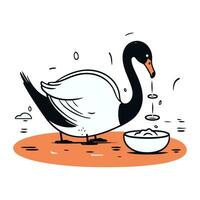 cisne com uma tigela do Comida. vetor ilustração dentro rabisco estilo.