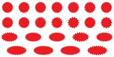 starburst vermelho adesivo conjunto - coleção do especial oferta venda volta e oval reluzente etiquetas e botões isolado em branco fundo. adesivos e Distintivos com Estrela arestas para promo anúncio. vetor