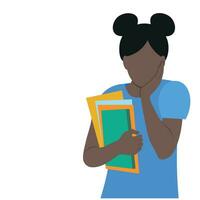 retrato do uma pele escura fêmea aluna com livros dentro dela mão, isolado em branco, plano vetor, preocupado fêmea estudante, sem rosto vetor