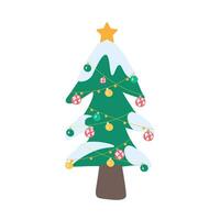 Natal árvore vetor plano colorida ícone. isolado a sempre-verde árvore decorado com luzes e enfeites para comemoro Natal. retratado com redondo, variadamente colori enfeites e Estrela