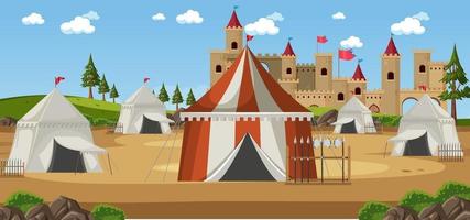 acampamento militar medieval com tendas e armas vetor