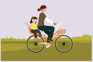 feliz pais com dela criança equitação bicicleta junto. ao ar livre lazer Atividades conceito. colori plano vetor ilustração isolado.