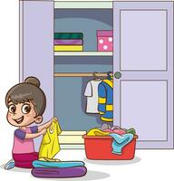 vetor ilustração do fofa crianças colocando seus roupas dentro a guarda-roupa.feliz pequeno crianças fazendo tarefas domésticas limpeza.