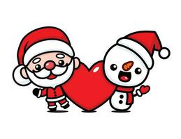 fofa e kawaii Natal santa claus e boneco de neve desenho animado personagem com grande coração vetor