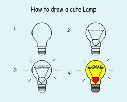 degrau de degrau para desenhar uma fofa lâmpada. desenhando tutorial uma fofa lâmpada. desenhando lição para crianças. vetor ilustração.