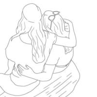 páginas para colorir duas garotas sentadas em uma xilogravura desenhada de costas vetor