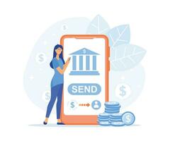 Móvel bancário conceito, mulher paga para compras ou envia dinheiro usando Smartphone aplicativo. plano vetor moderno ilustração