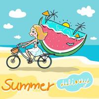 garota andando de bicicleta na praia desenho animado de entrega de verão vetor