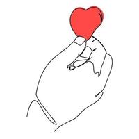 linhas contínuas símbolo de amor coração vermelho na palma da mão vetor