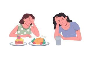 anorexia comendo transtorno. ilustração do uma triste mulher com Comida vetor