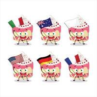 docinho bolo cereja desenho animado personagem trazer a bandeiras do vários países vetor
