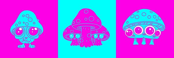engraçado psicodélico cogumelos néon colorida Anos 70 retro estilo. vetor simples plano ilustrações conjunto