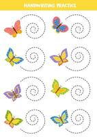 linhas de rastreamento para crianças com borboletas coloridas. prática de caligrafia. vetor