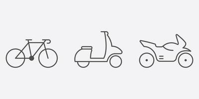 Entrega serviço transporte linha ícone definir. moto, bicicleta, ciclomotor, lambreta linear pictograma. estrada esboço placa. motor transporte símbolo coleção. editável AVC. isolado vetor ilustração.