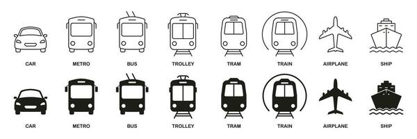 público transporte linha e silhueta ícone definir. veículo tipos pictograma. carro, ônibus, trem, metrô, enviar, estrada de ferro, ar transporte, avião símbolo coleção. estrada placa. isolado vetor ilustração.