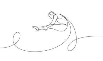 solteiro contínuo desenhando do a atleta realizando complexo torções e cambalhotas. trampolim. 1 linha vetor ilustração